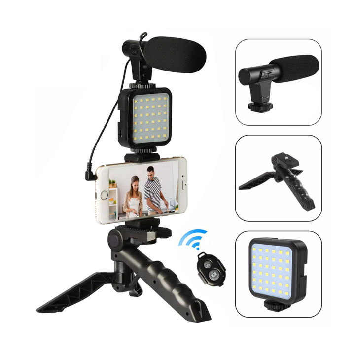 AY-49 Remote Control Vlogging Video Making Kits Microphone LED Fill Light Mini Tripod