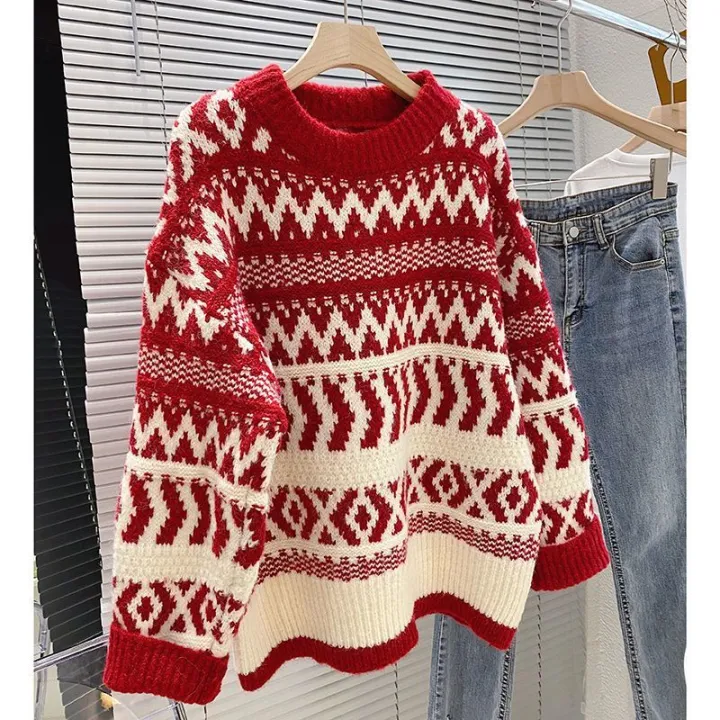 Christmas%20Red%20Sweater%20Women's%20Autumn%20and%20Winter%20New%20Popular%20Retro%20Loose%20Soft%20Glutinous%20Western%20Style%20Knitted%20Top%20-%20Image%205