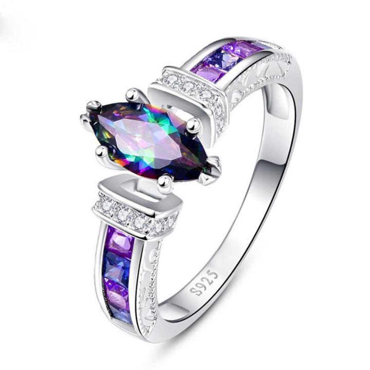 Bague Ringen Trendy Ring For Women With Rainbow Stone Artificial Topaz Fashion Jewelry Party Fine Female Gift Size 6-10