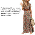 Long Dress High Slit Hem Paisley Print Short Sleeve Belt Long Dress. 