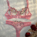 Pink Lingerie Woman Lace Transparent Underwear Fairy Embroidery Brief Sets Delicate Bra Panties Kits Breves Sets. 