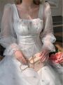 Autumn Spring White Mesh Fairy Dress Woman French Vintage Embroidery Floral Flare Sleeve Princess Prom Dresses Vestido Blanco. 