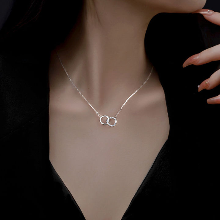 S925 sterling silver double-ring necklace women's cold wind ins light luxury niche design irregular interlocking clavicle chain