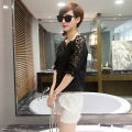 2023 Summer New off-the-Shoulder Shirt Large Size Women's Loose Korean Style Hollow Top Shirt Lace Bottoming Shirt. 