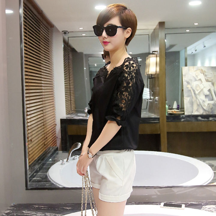 2023%20Summer%20New%20off-the-Shoulder%20Shirt%20Large%20Size%20Women's%20Loose%20Korean%20Style%20Hollow%20Top%20Shirt%20Lace%20Bottoming%20Shirt%20-%20Image%203