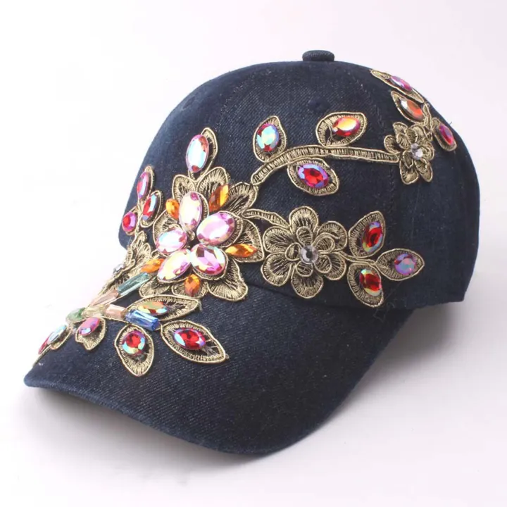 Women%20Baseball%20Hat%20Comfortable%20Women%20Rhinestone%20Flower%20Denim%20Hat%20-%20Image%203