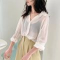 Women See-through Blouse Summer Mesh Transparent White T-Shirts Long Sleeve Casual Tops Y2k Korean Fashion Button Cardigan. 