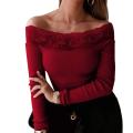 Lace Stitching Collar Long Sleeve Solid Color Knitted Blouse Autumn Office Ladies Elegant Off Shoulder Ribbed Knitwear Work Garm. 