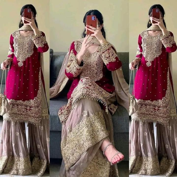 High Quality Embroidery New Stylish Ready Made Party sharara Suit Dress for Women