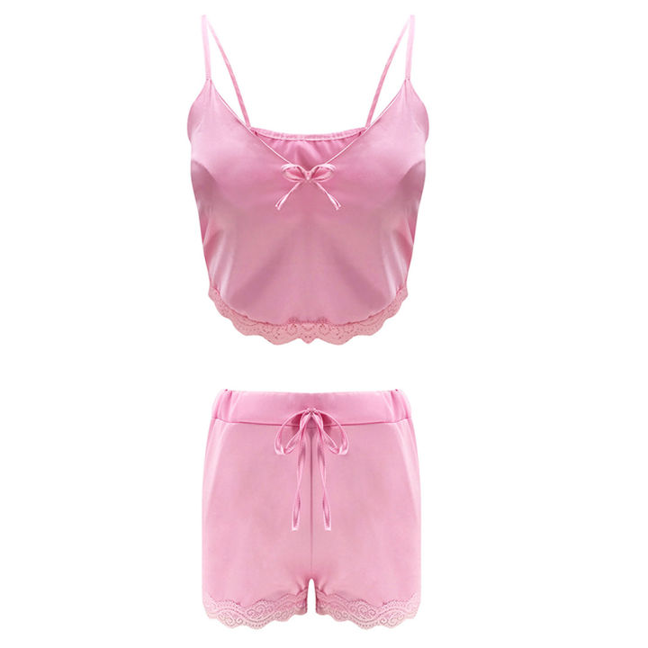Women's%20Sexy%20Lingerie%20Satin%20Pajama%20Cami%20Set%20Sleeveless%20Spaghetti%20Strap%20Nightwear%20Silky%20Lace%20Trim%20Satin%20Cami%20Top%20Pajamas%20Shorts%20Set%20%202%20Piece%20Sleepwear%20-%20Image%205