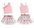 GC Baby Girls Outfits Ruffle Off Shoulder Crop Tops Floral Print Shorts Skirt Set Toddler Summer Clothes.