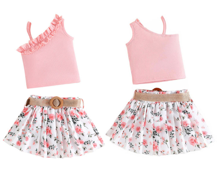 GC Baby Girls Outfits Ruffle Off Shoulder Crop Tops Floral Print Shorts Skirt Set Toddler Summer Clothes