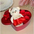 Heart Shaped Box Best Gift For Valentine, Red Scented Rose Soap Flower Petals & Soft Teddy Bear- Red Colour -Multi-Color - Gift Box. 