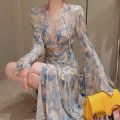 Beach Dress Seaside Holiday Daisy Print Dress2023Spring/Summer French Laziness Tie-Shoulder Floral Long Dress. 