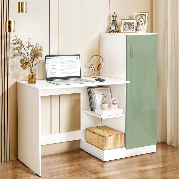 Study Table with Cabinet - Ambosh Cupboard Computer Table with Bottom Storage Space Engineered Wood Office Desk with Adjustable Shelves for PC Laptop Gaming (White, Green) 50/48