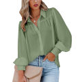 Women's Clothing Lantern Sleeve Pleated Solid Standing Collar Loose Shirt Long-Sleeved For Women Top. 