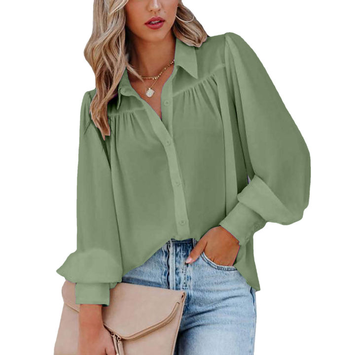 Women's%20Clothing%20Lantern%20Sleeve%20Pleated%20Solid%20Standing%20Collar%20Loose%20Shirt%20Long-Sleeved%20For%20Women%20Top%20-%20Image%202