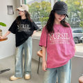 Girls Summer T-Shirt Set 2024 New Western Style Girls Summer Dress Loose Short Sleeve Kids Denim Wide-leg Pants. 