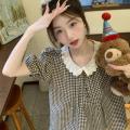 Shirt Women's Summer New Korean Style Versatile Sweet Style Lace Doll Stitching Plaid Slimming Short Sleeve Top.