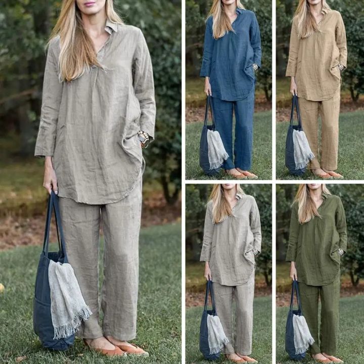 Women’s Casual Shirt and Pants Set - Solid Color Lapel Long Sleeve Wide ...