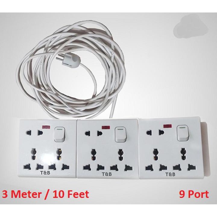 3 Meter / 10 Feet Handmade 9 port / 24 Pin Multiplug (Heavy Duty + Long lasting) Universal Socket 100% Copper 40/76 Cable