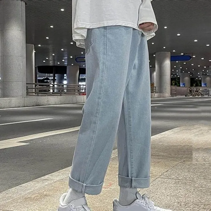Korean%20Fashion%20Men's%20Baggy%20Jeans%20Classic%20All-match%20Solid%20Color%20Straight-leg%20Denim%20Wide-leg%20Pants%20Male%20Light%20Blue%20Grey%20Black%20-%20Image%203