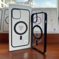 Magnetic Transparent Phone Case for iPhone 11 to 14 Pro Max with Slim Design Black and Gold Frame Supports Magsafe Charging. 