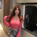 IELGY V-neck slim bottoming shirt women retro Hong Kong style tie long-sleeved T-shirt top.