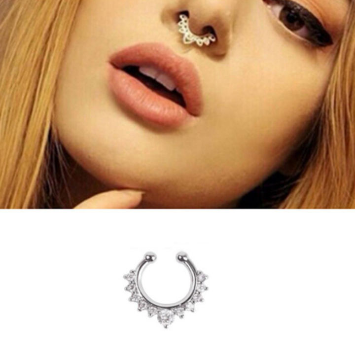 Women Fake Nose Ring Silver Color Non-Piercing Clip-On Jewelry Single Piece