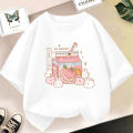 Girls Cute Strawberry Milk Shake Cartoon T-shirt Kids Short-Sleeve Graphic Pink Tops Tee.
