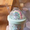 Cartoon Cute Rainbow Cup with Straw Double Plastic BPA Free Woman Girl Water Bottle for Juice Milk Coffee 500ml Drinking Tumbler.