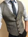 Men's Formal Suit Vest V-Neck Tweed Herringbone Waistcoat Business Dress Suit Vests for Wedding.