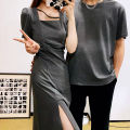 Couple Wear One Dress One Dress French Simplicity Square Collar Solid Color SummerXSplit Long Dress MenTT-shirt. 