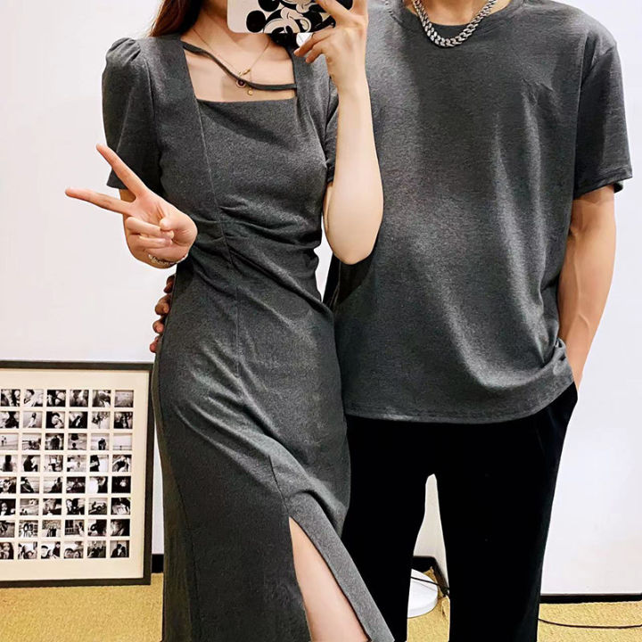 Couple%20Wear%20One%20Dress%20One%20Dress%20French%20Simplicity%20Square%20Collar%20Solid%20Color%20SummerXSplit%20Long%20Dress%20MenTT-shirt%20-%20Image%204
