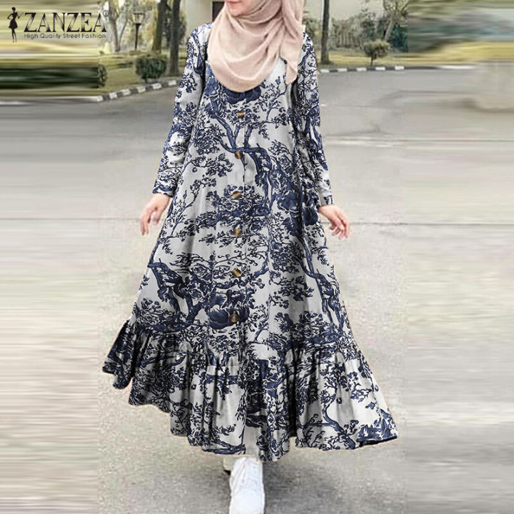ZANZEA Muslimah Wanita Vintage Muslim Abaya Pakaian Baju Bercetak Ruffles Hem Maxi Sundress(#4)