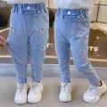 Cute Girls' Jeans Spring and Autumn Women's Baby Autumn Fashionable Casual Pants Soft Slim Fit Outer Wear Trousers Fashion. 