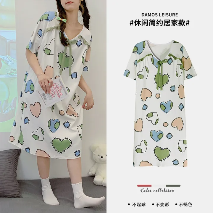 Pajamas%20Women's%20Summer%20Knitted%20Cotton%20Nightdress%20High-End%20Mid-Length%20Loose%20Large%20Size%20Korean%20Style%20Cute%20Dress%20Home%20Wear%20-%20Image%208
