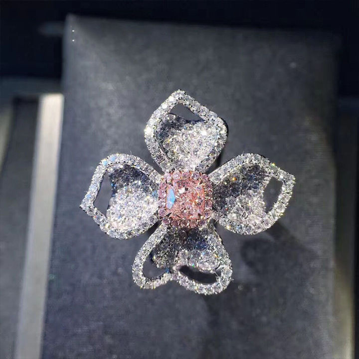 AliExpress fashion luxury light luxury group set pink diamond ring women, clover flowers, European and American full diamond rings