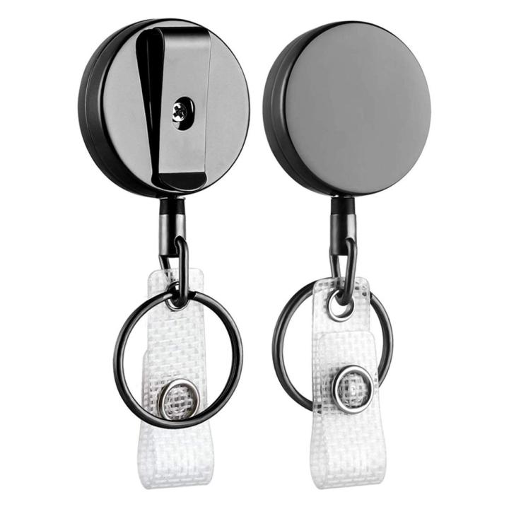 2 Pack Mini Heavy Duty Retractable Badge Holder Reel, Metal ID Badge Holder with Belt Clip Key Ring for Name Card Keychain(Small Glossy Black)