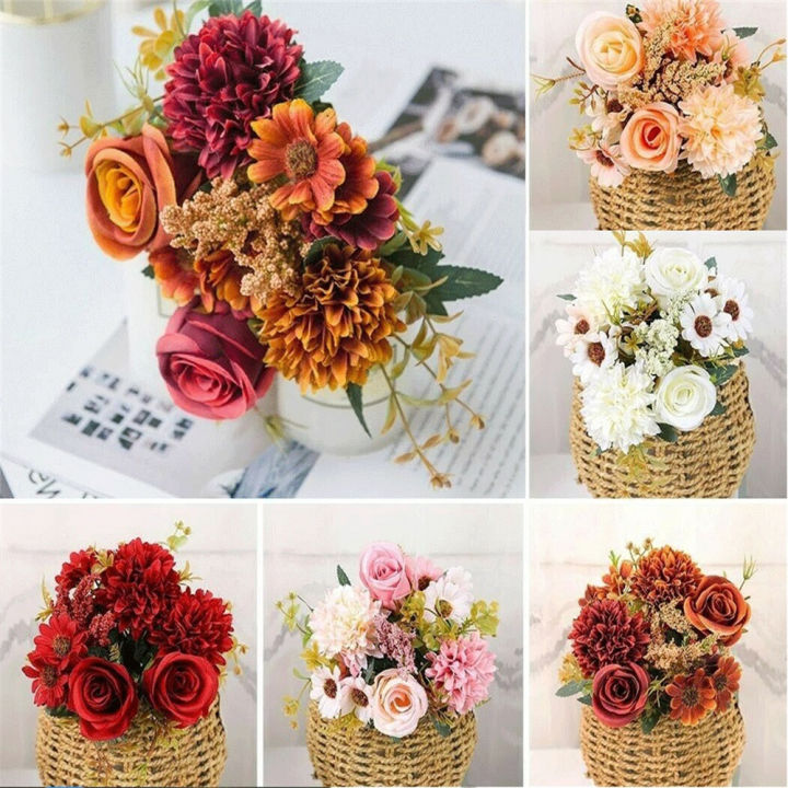 Artificial Flowers Rose lavender Hydrangea Daisy Autumn Hybrid Bouquet for Home Wedding Christmas Decor Fall Silk Fake Flower