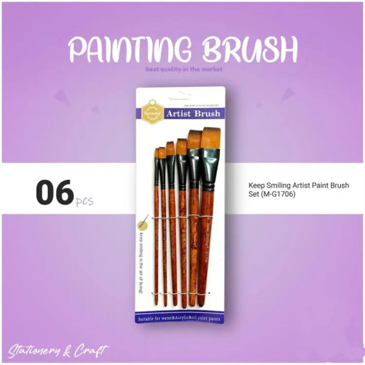 KeepSmiling G1706 Artist Paint Brush Set – 6 Pcs Flat Wooden Brushes, Suitable for Water, Acrylic, and Oil Colors