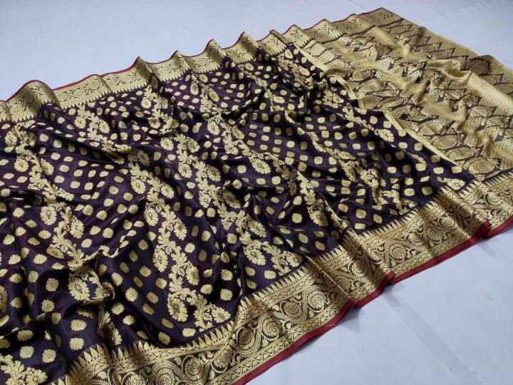 Soft Silk Katan Saree Without Blouse Piece for Women Black and Golden Combination - Suitable for All Seasons - Casual Wear