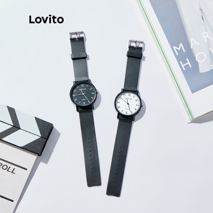 Lovito Casual Plain Wrist Watches Leather Strap Quartz Watches for