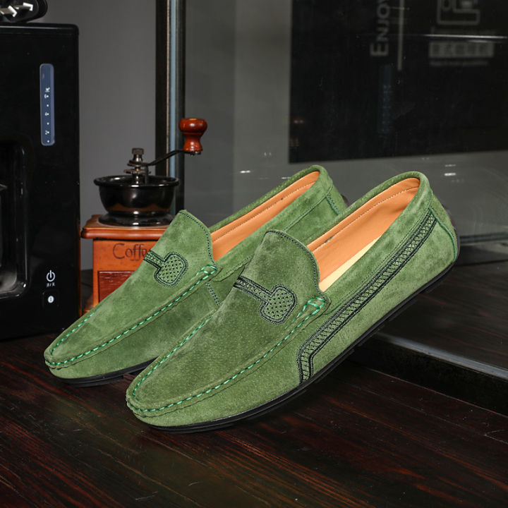 Summer Green Suede Loafers Slip-on Comfortable Soft Leather