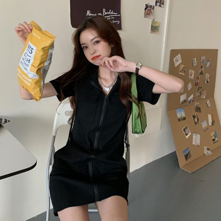 Short%20Sleeve%20Dress%20Women%20Zipper%20Pocket%20Hooded%20Stylish%20Solid%20Dresses%20Korean-style%20Street-wear%20Girls%20Loose%20Casual%20Fashion%20Ulzzang%20-%20Image%206