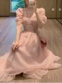 2023 Summer Lace Vintage Pink Dress Women Fairy French Party Midi Dress Office Lady Elegant One Piece Dress Korean Fashion Chic. 