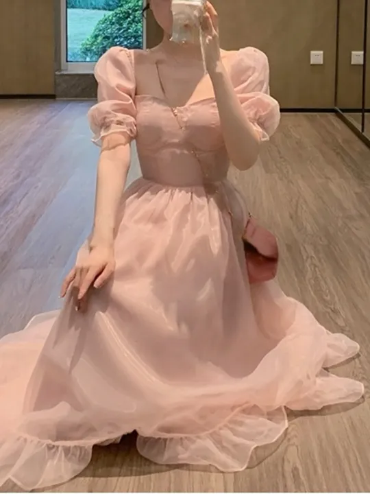 2023%20Summer%20Lace%20Vintage%20Pink%20Dress%20Women%20Fairy%20French%20Party%20Midi%20Dress%20Office%20Lady%20Elegant%20One%20Piece%20Dress%20Korean%20Fashion%20Chic%20-%20Image%204