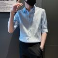 2022 Spring Casual Shirt Men Half Sleeve Slim Fit Business Formal Dress Shirts Social Party Nightclub Stripe Tuxedo Men Clothing. 