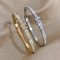 Luxury Stainless Steel Gold Color Zirconia Cylinder Bracelets Bangles for Women Fashion Girls Waterproof Jewelry Gifts. 