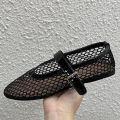 Luxury Ballet Flat Shoes Woman Mesh Hollow Outs Mary Jane Shoes Genuine Leather Loafers Rivet Studded Summer Walking Shoes Women House Foocus.